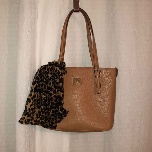 AK Camel Faux Leather Mid Size Tote with Gold Tone Hardware Black Ivory Polka - Picture 1 of 14